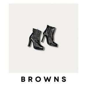 Browns Black Square Toe Leather Heeled Boots